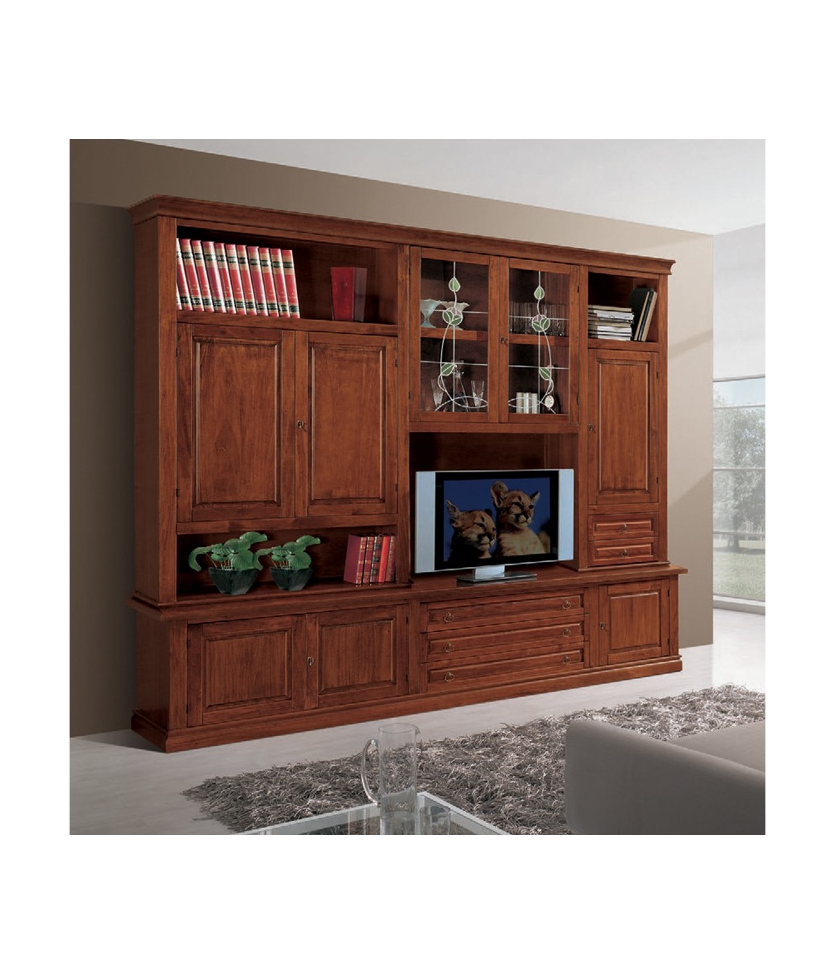 MOBILI 2G - Parete attrezzata classica in legno noce bassano 243x50x227 vista frontale