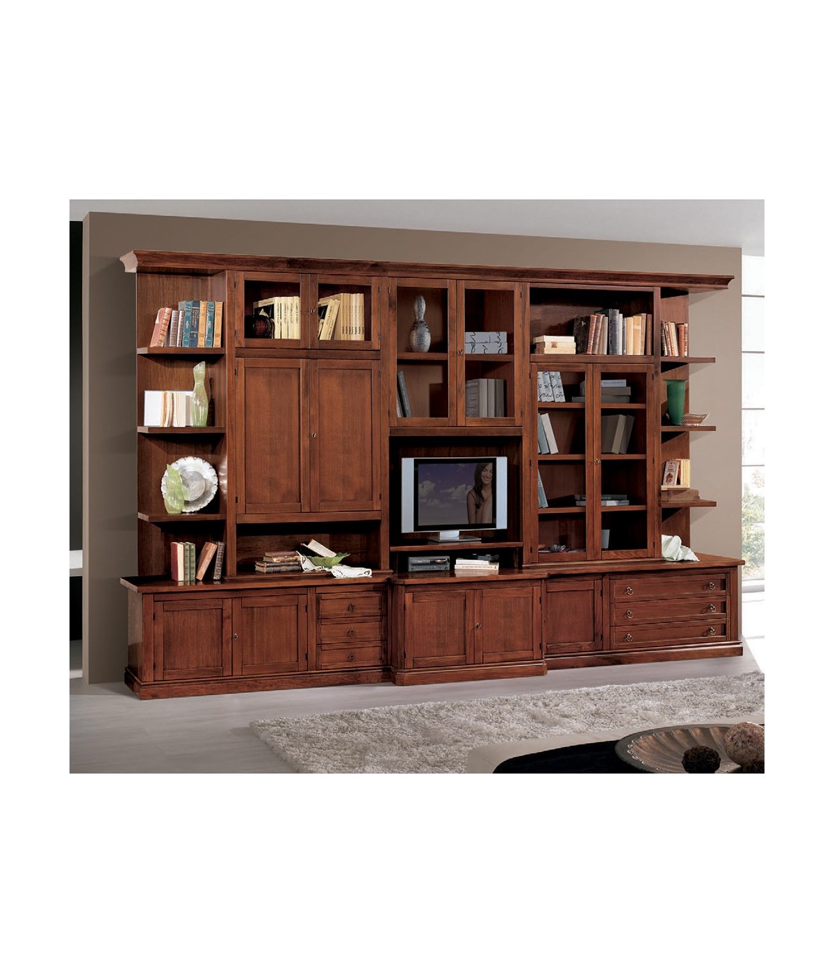 MOBILI 2G - Parete attrezzata classica in legno noce bassano 382x63x227 vista frontale