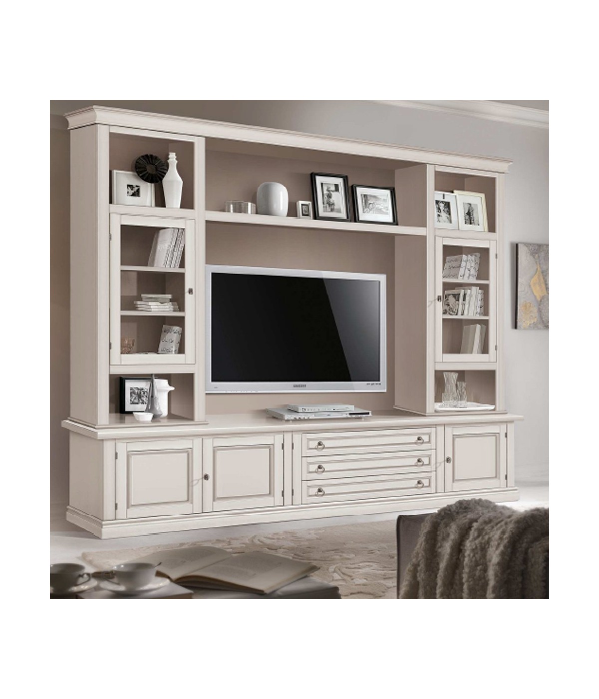 MOBILI 2G - Parete attrezzata in legno shabby avorio anticato 243x50x227 vista frontale