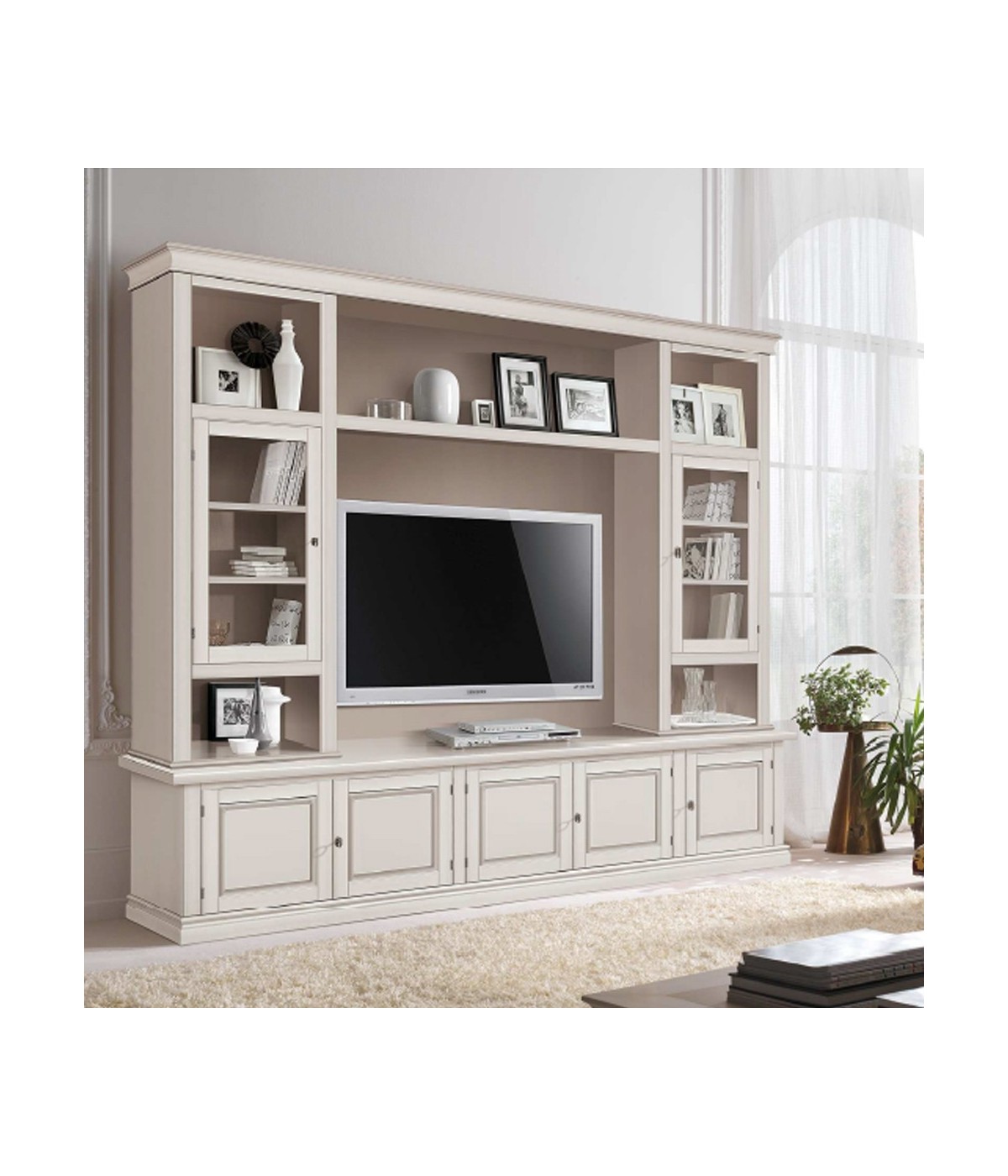 MOBILI 2G - Parete attrezzata in legno shabby avorio anticato 243x50x227 vista frontale