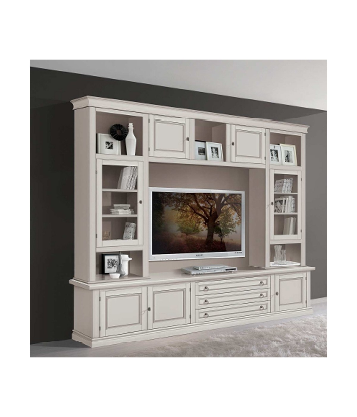 MOBILI 2G - Parete attrezzata in legno shabby avorio anticato 243x50x227 vista frontale