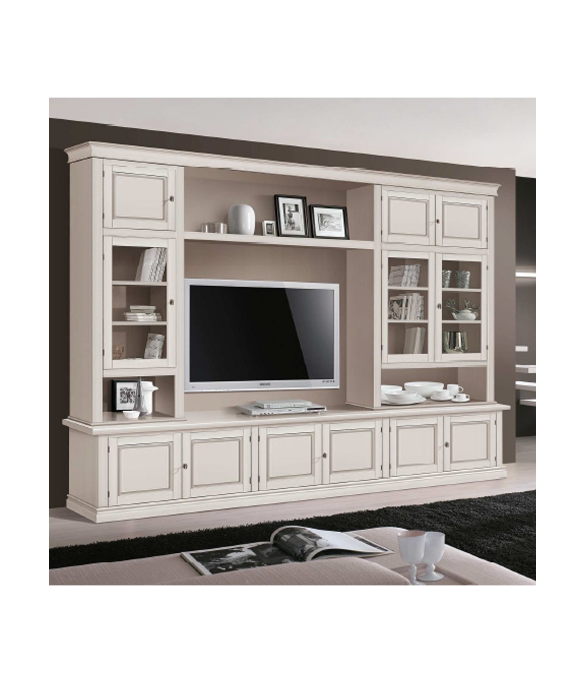 MOBILI 2G - Parete attrezzata in legno shabby avorio anticato 286x50x227 vista frontale