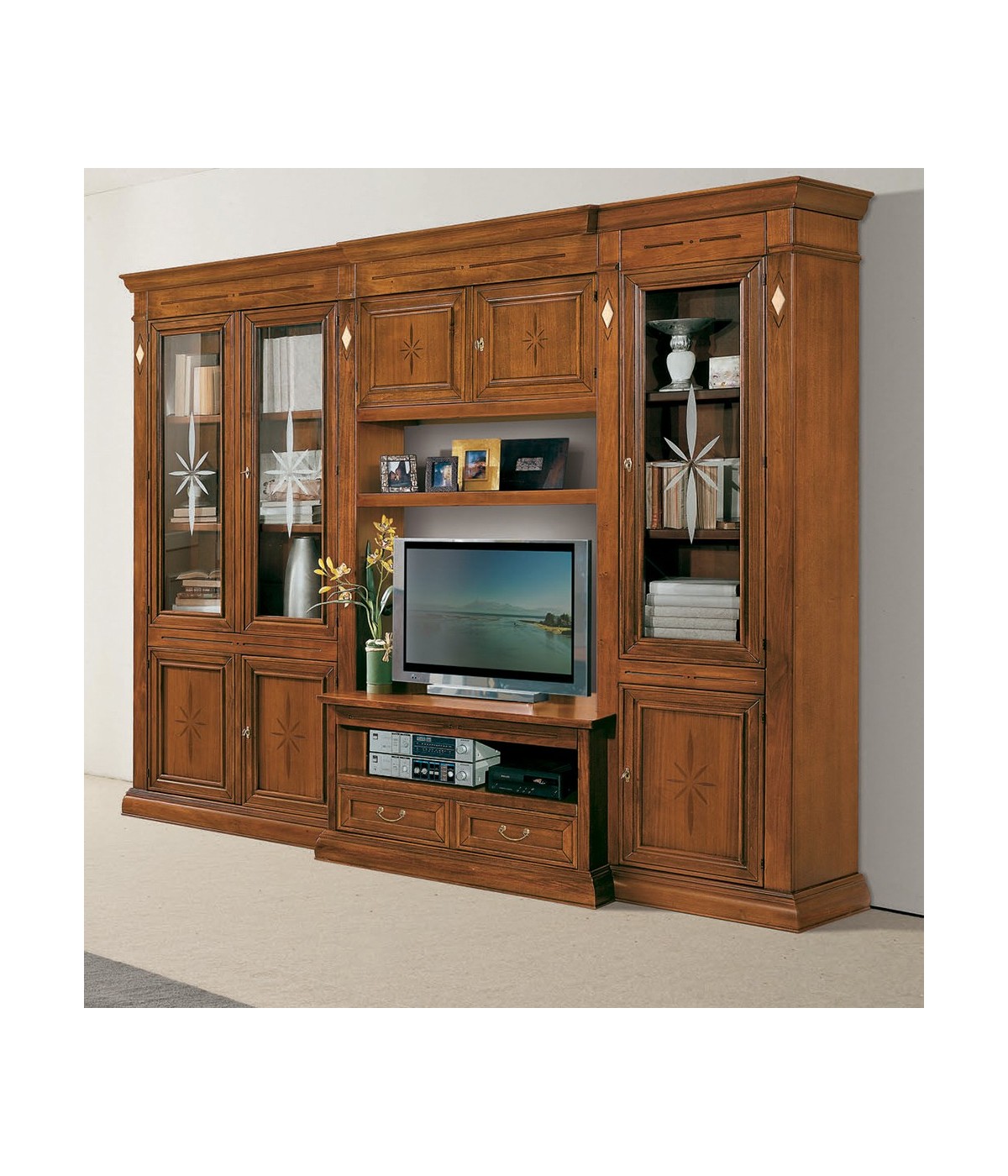 MOBILI 2G - Parete attrezzata classica in legno noce bassano 275x36/60x230 vista frontale