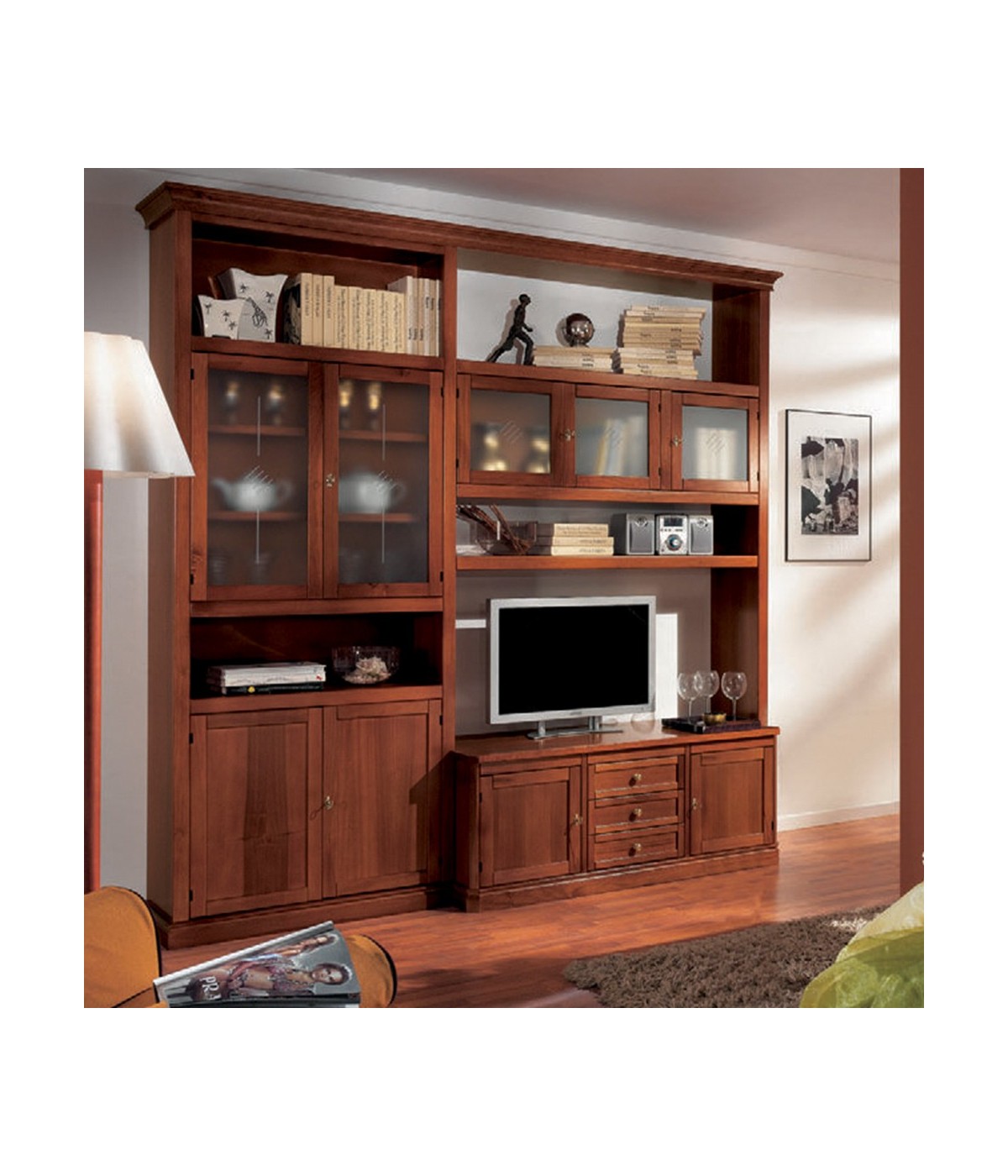 MOBILI 2G - Parete attrezzata classica in legno noce bassano 291x36/55x249 vista frontale