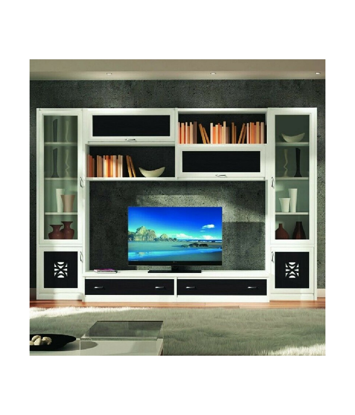 MOBILI 2G - Parete attrezzata legno shabby bicolore bianco/nero 321x36/60x215 VISTA FRONTALE