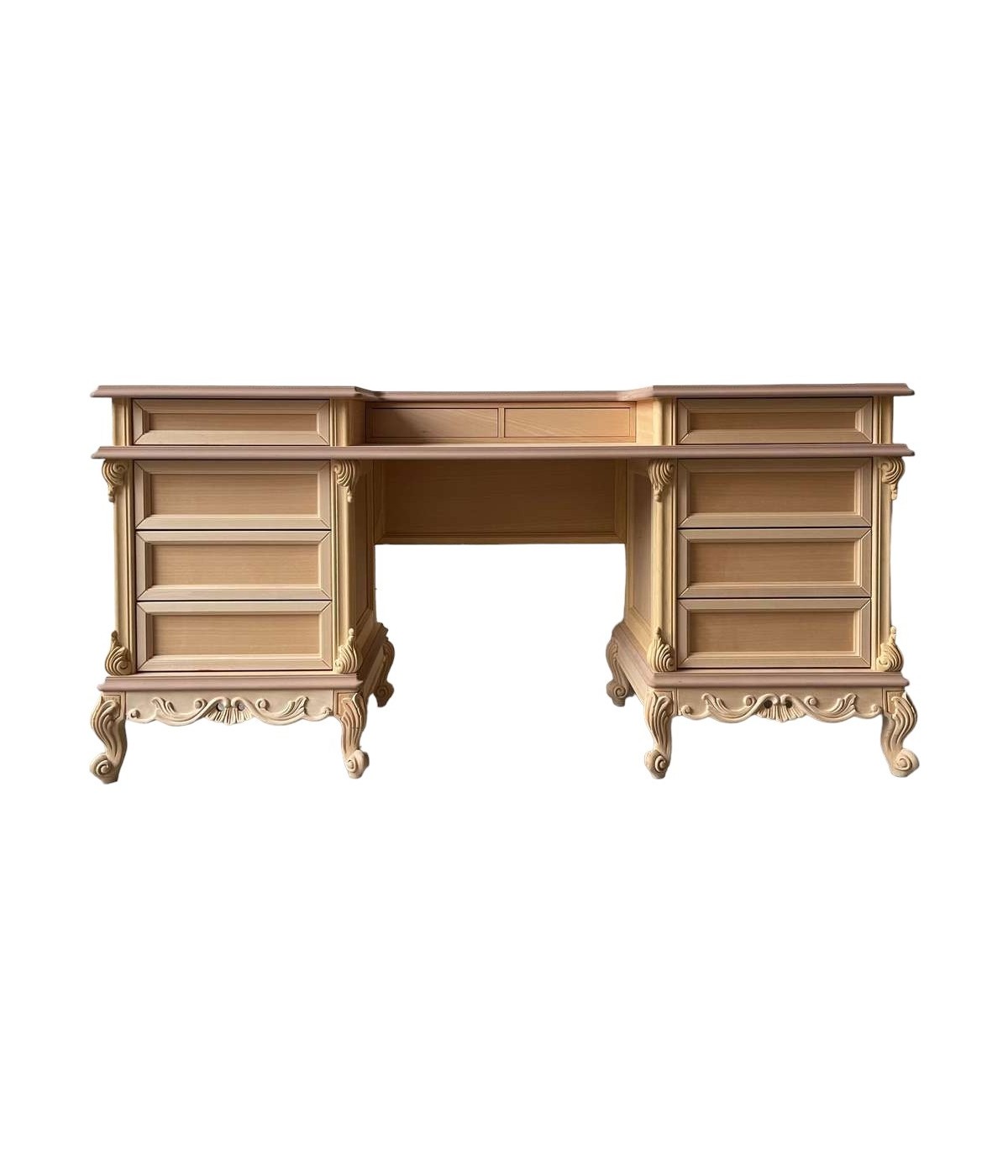 MOBILI 2G - scrivania toilette 10 cassetti classica barocco Legno grezzo 172x42x82 vista frontale
