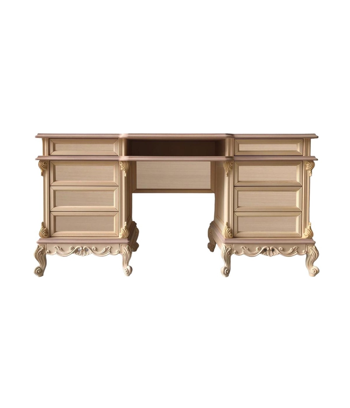 MOBILI 2G - scrivania toilette 8 cassetti classica barocco Legno grezzo 163x45x82 vista frontale