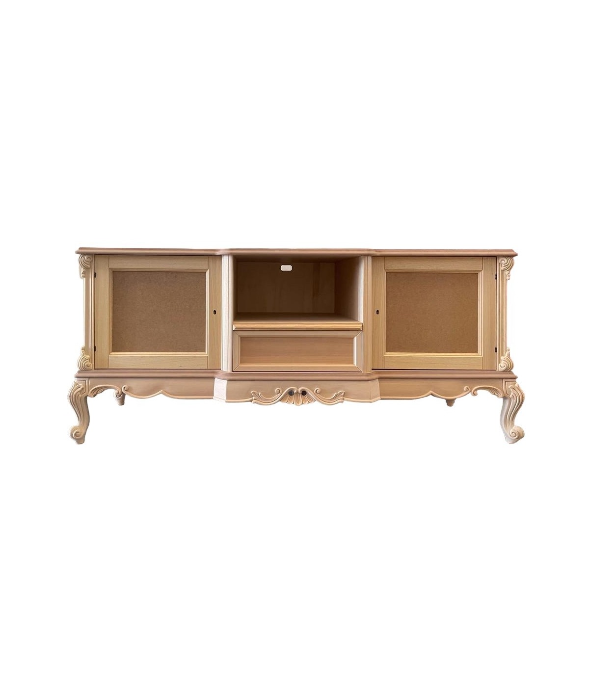 MOBILI 2G - Porta tv 2 ante 1 cassetto classico barocco Legno grezzo 174x60x76 vista frontale