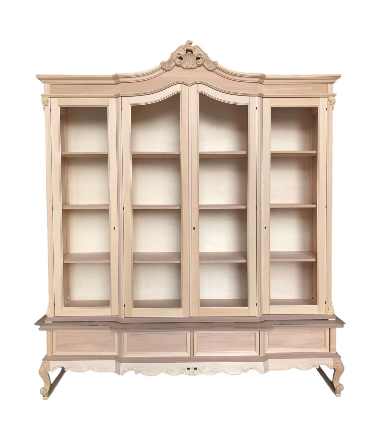 MOBILI 2G - Libreria vetrina 4 porte classica barocco legno grezzo 220x55x248 vista frontale