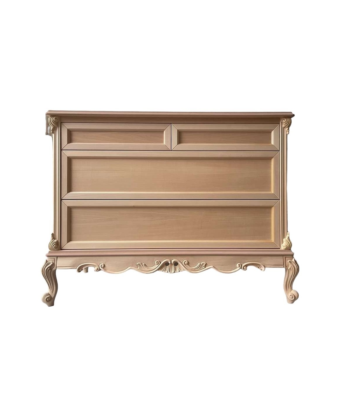 MOBILI 2G - Cassettiera 4 cassetti classica barocco Legno grezzo 134x56x102 vista frontale