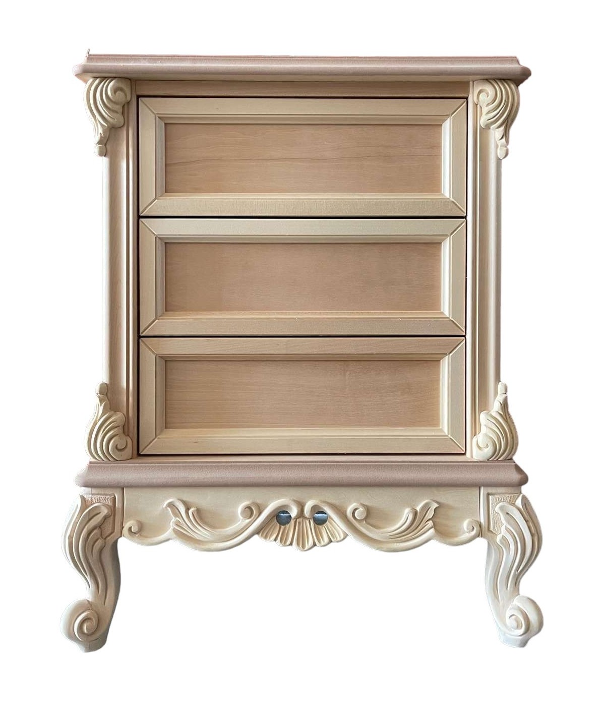 MOBILI 2G - Comodino 3 cassetti classico barocco Legno grezzo 57x42x70 vista frontale