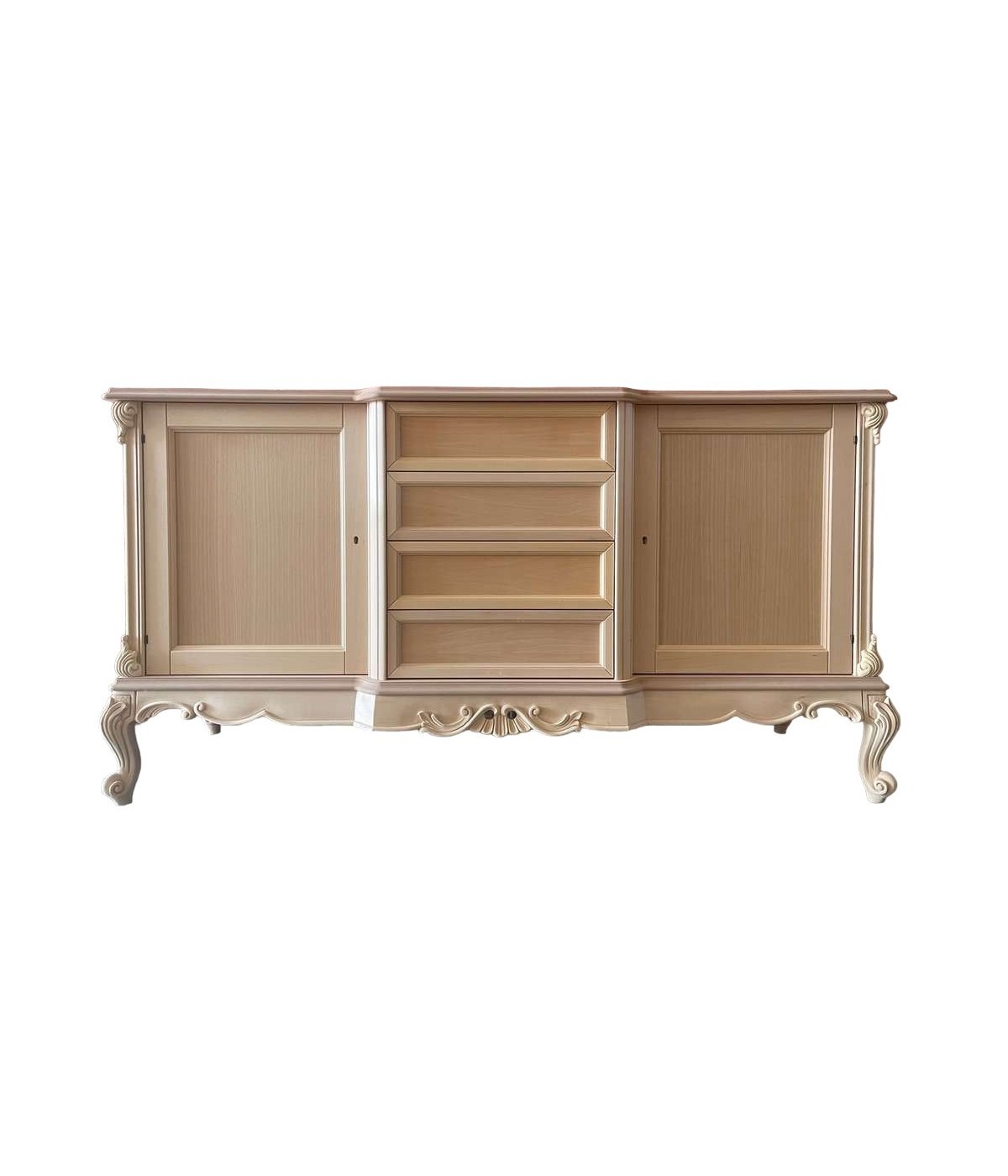 MOBILI 2G - Credenza 2 porte 4 cassetti classica barocco Legno grezzo 174x60x92 vista frontale