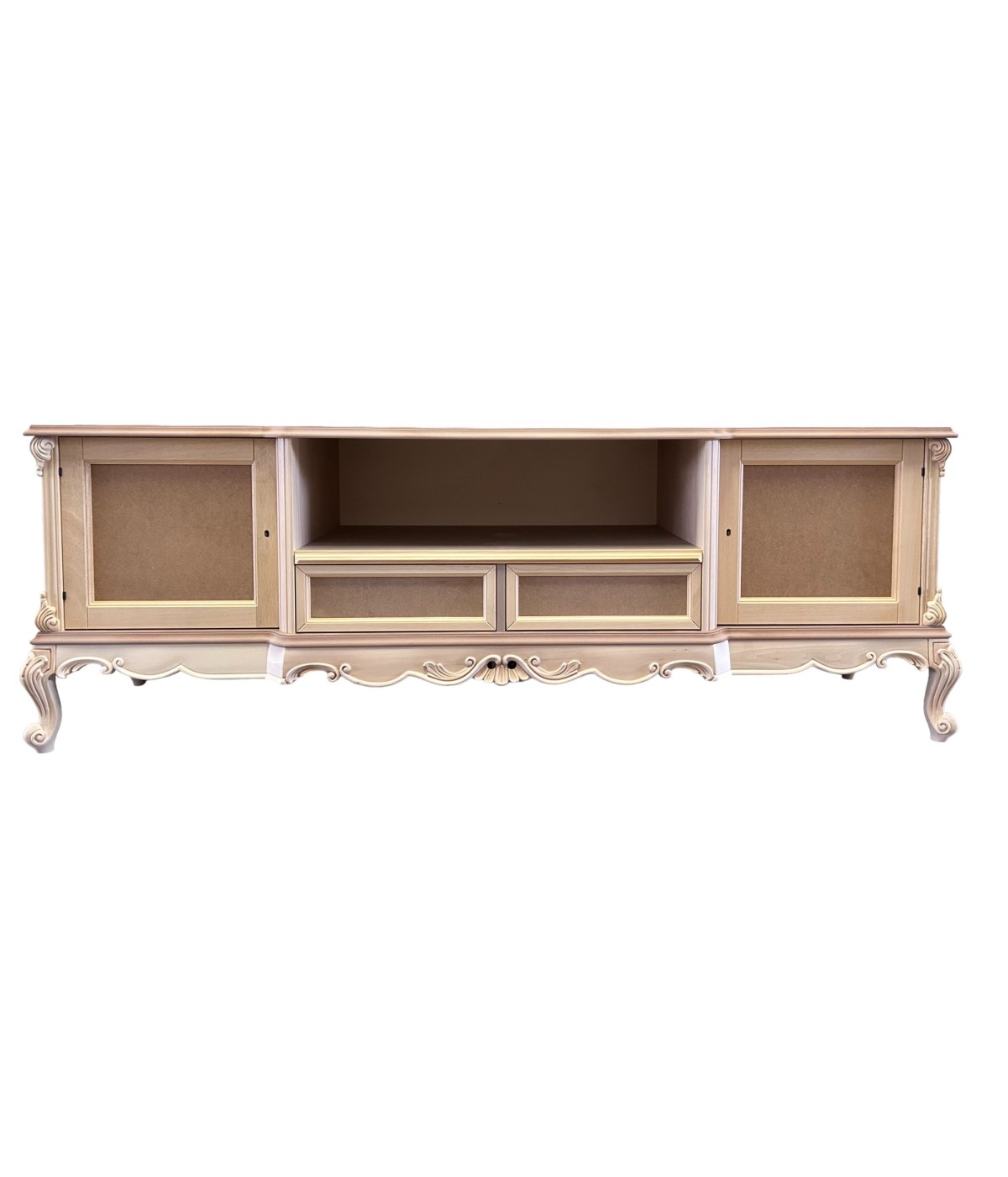 MOBILI 2G - Porta tv 2 ante 2 cassetti classico barocco Legno grezzo 200x60x70 vista frontale