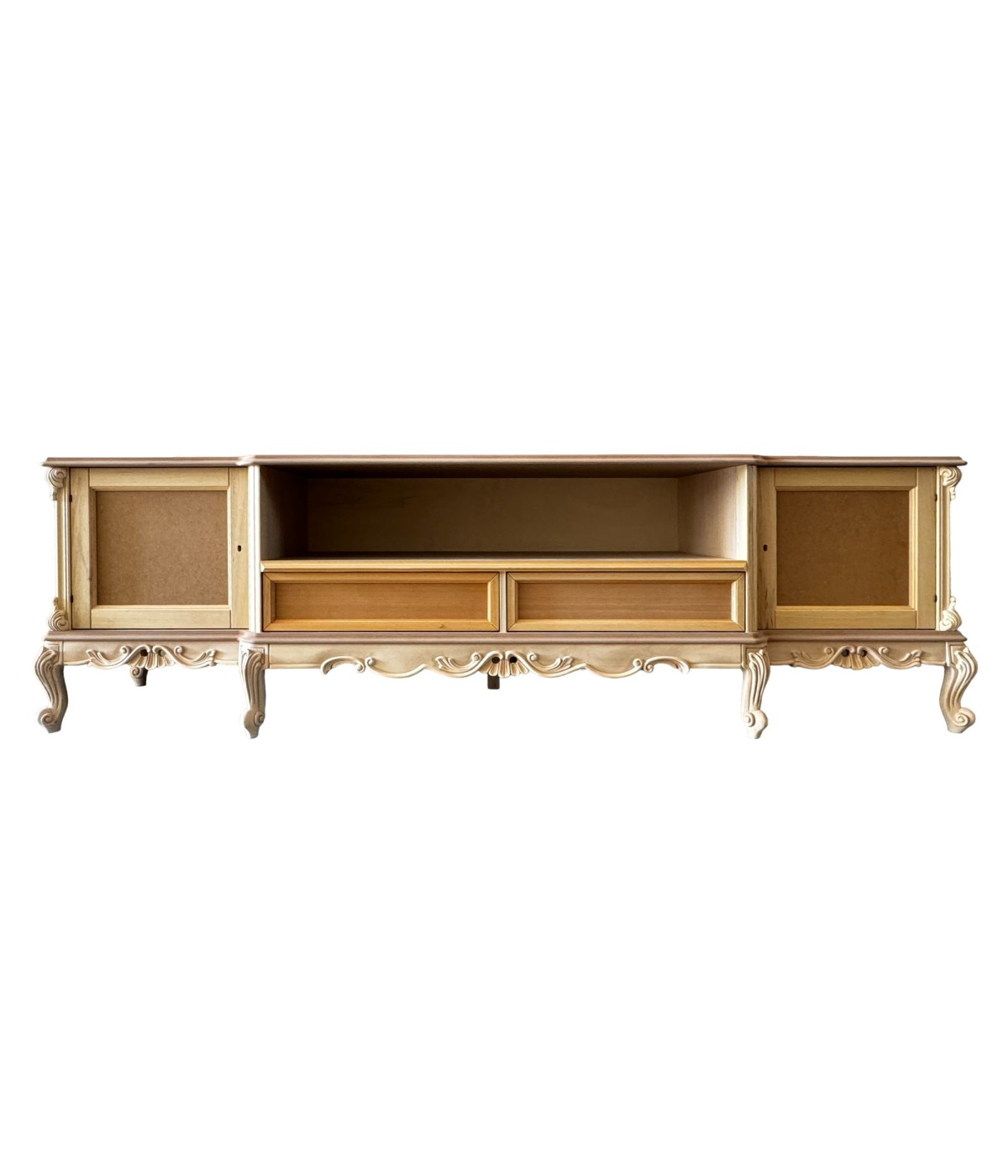 MOBILI 2G - Porta tv 2 ante 2 cassetti classico barocco Legno grezzo 258x60x76 vista frontale