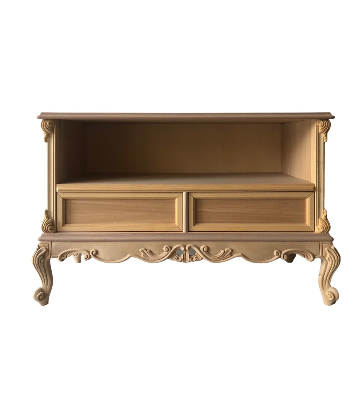 MOBILI 2G - Porta tv 2 cassetti classico barocco Legno grezzo 118x46x76 vista frontale