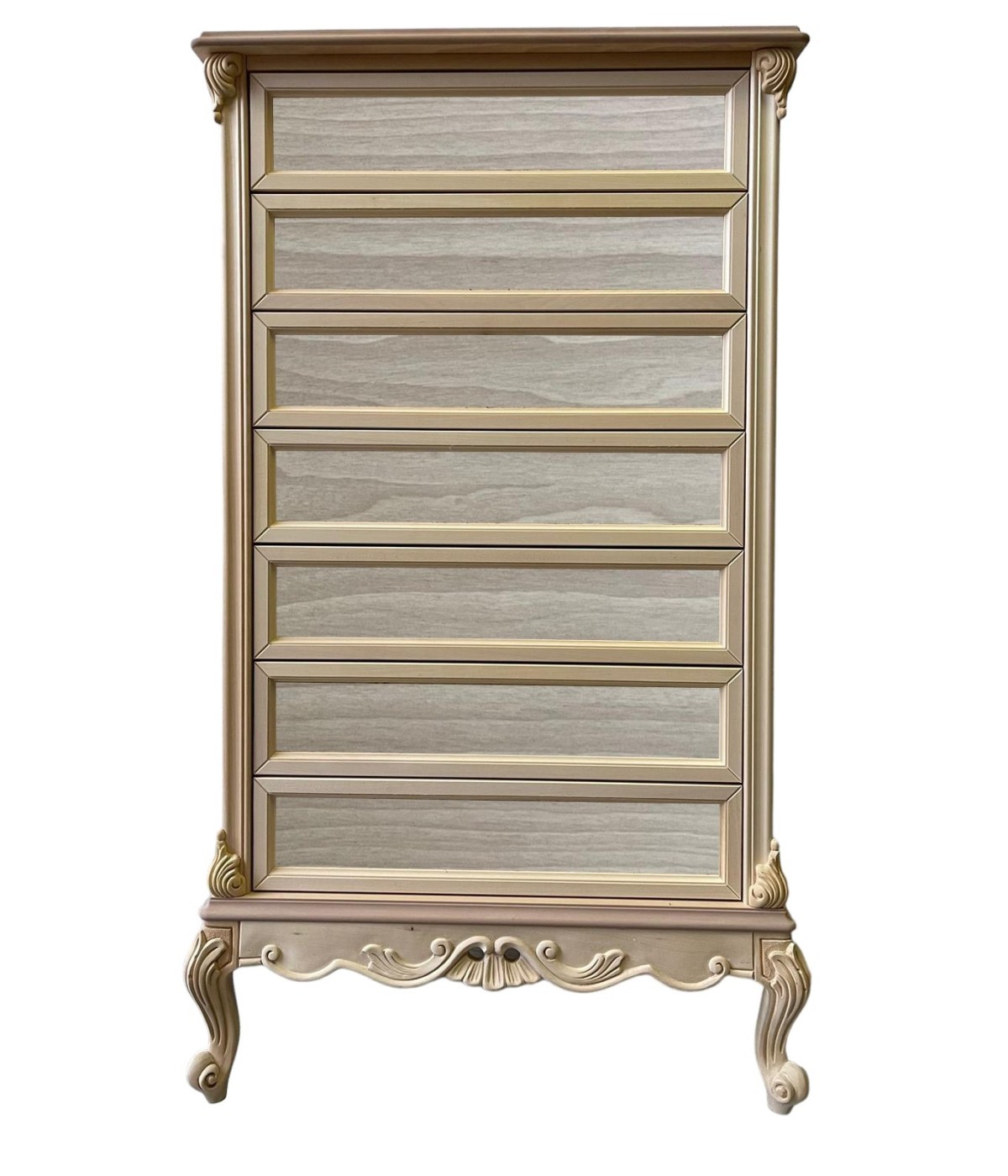 MOBILI 2G - Cassettiera 7 cassetti classica barocco Legno grezzo 87x48x148 vista frontale