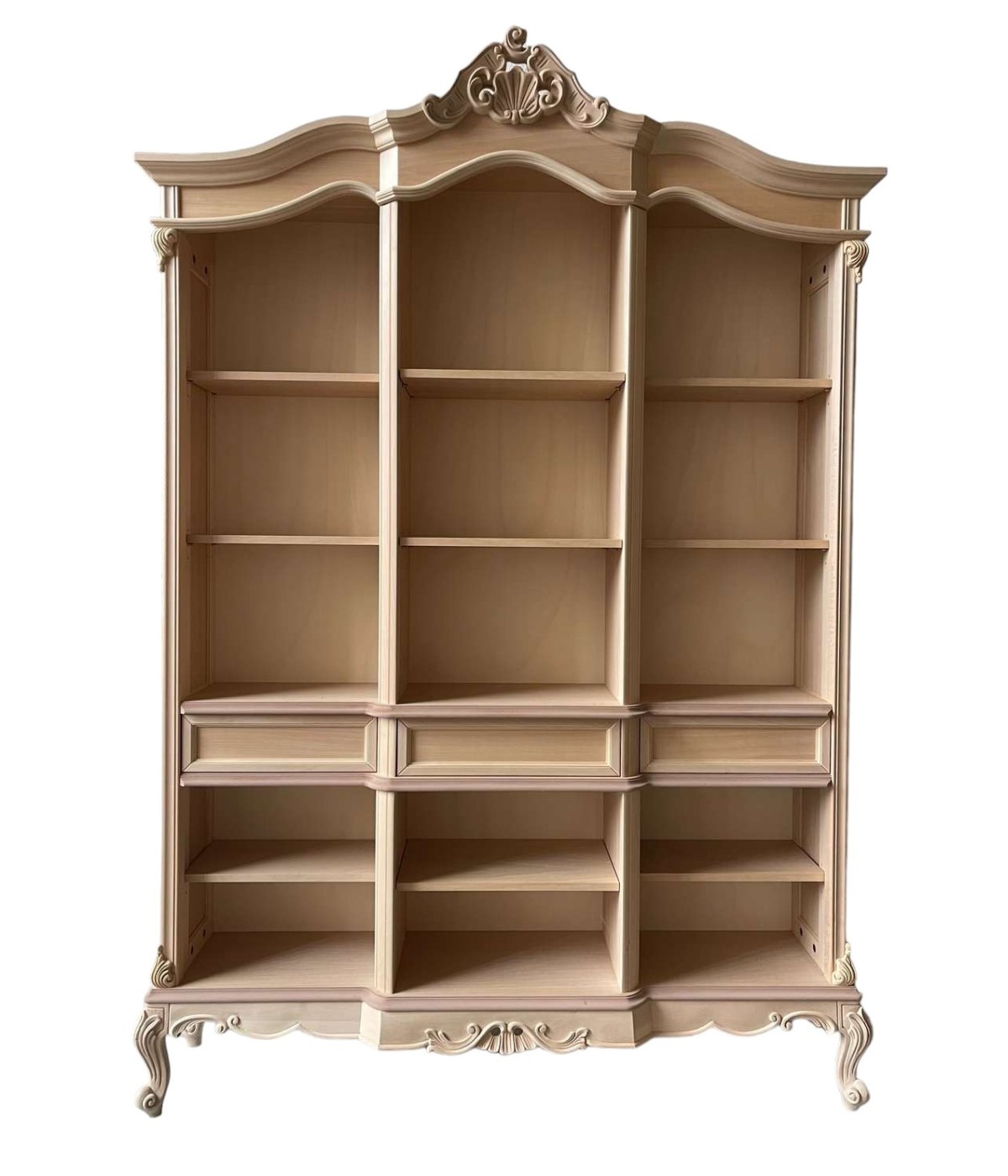 MOBILI 2G - Libreria a giorno 3 cassetti classica barocco Legno grezzo 165x38x236 vista frontale