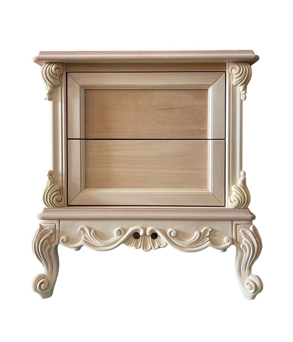 MOBILI 2G - Comodino 2 cassetti classico barocco Legno grezzo 55x37x60 vista frontale