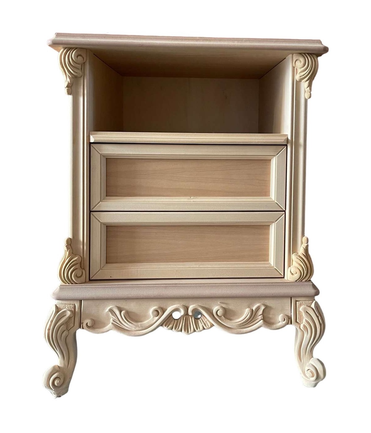 MOBILI 2G - Comodino 2 cassetti 1 vano classico barocco Legno grezzo 57x42x71 vista frontale