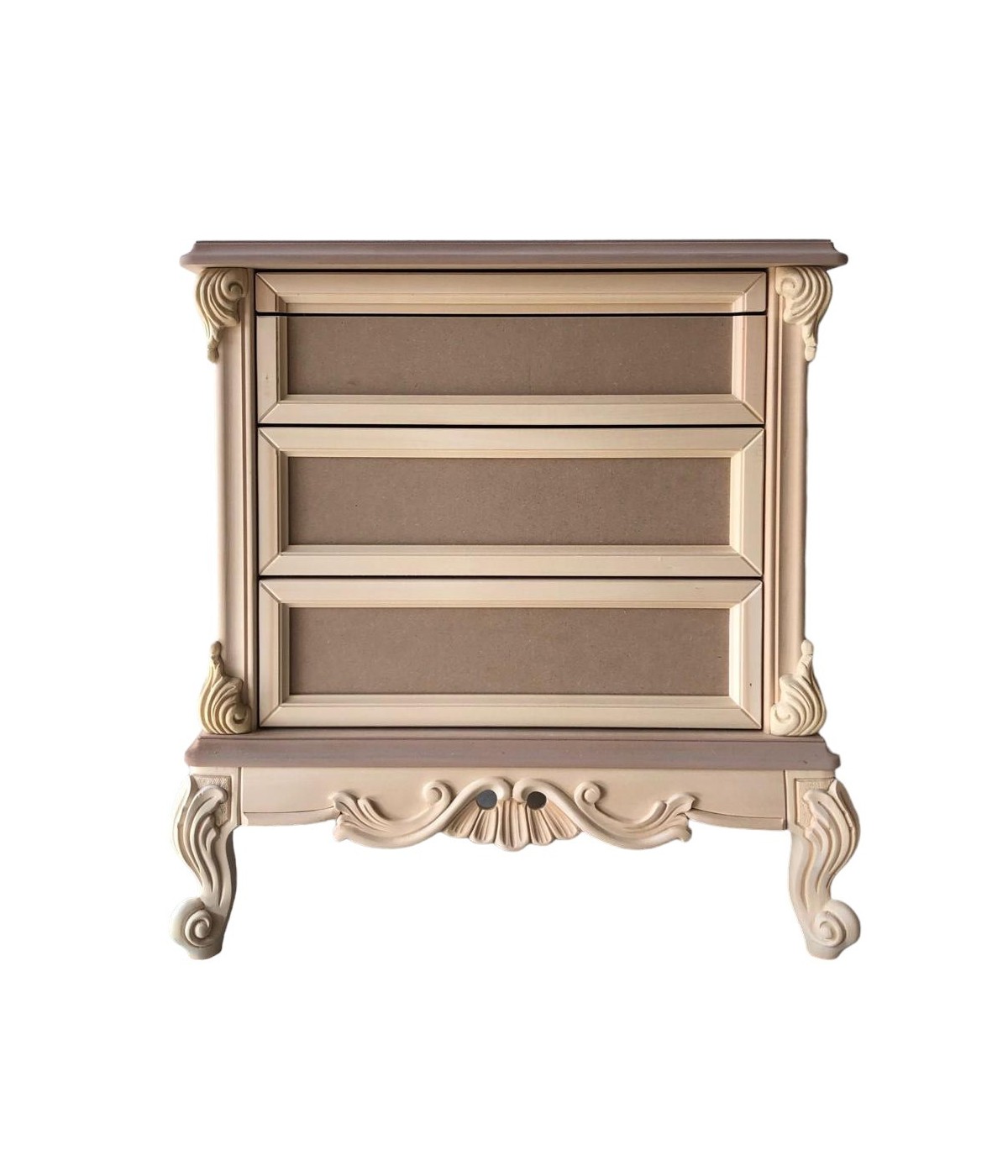 MOBILI 2G - Comodino 3 cassetti 1 tiretto classico barocco Legno grezzo 68x55x70 vista frontale