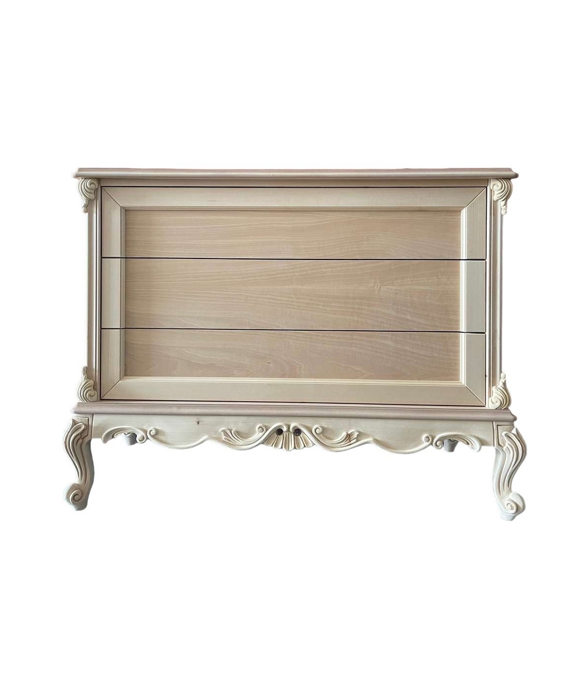 MOBILI 2G - Cassettiera 3 cassetti classica barocco Legno grezzo 120x47x90 vista frontale