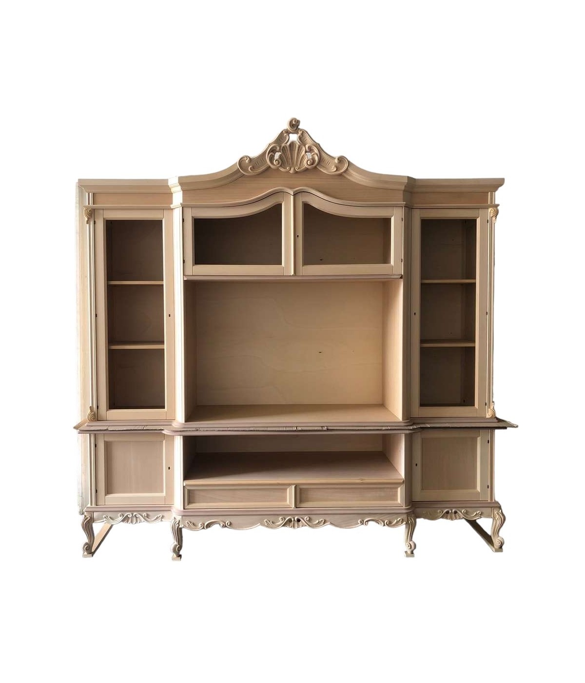 MOBILI 2G - Parete porta tv classica barocco Legno grezzo 258x60x255 vista frontale