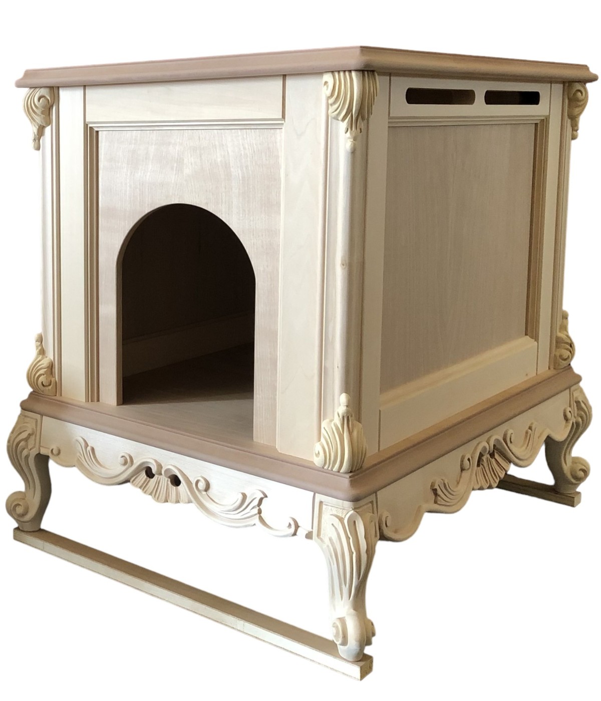 MOBILI 2G - Casetta per cani classica barocco Legno grezzo 58x80x70 vista frontale