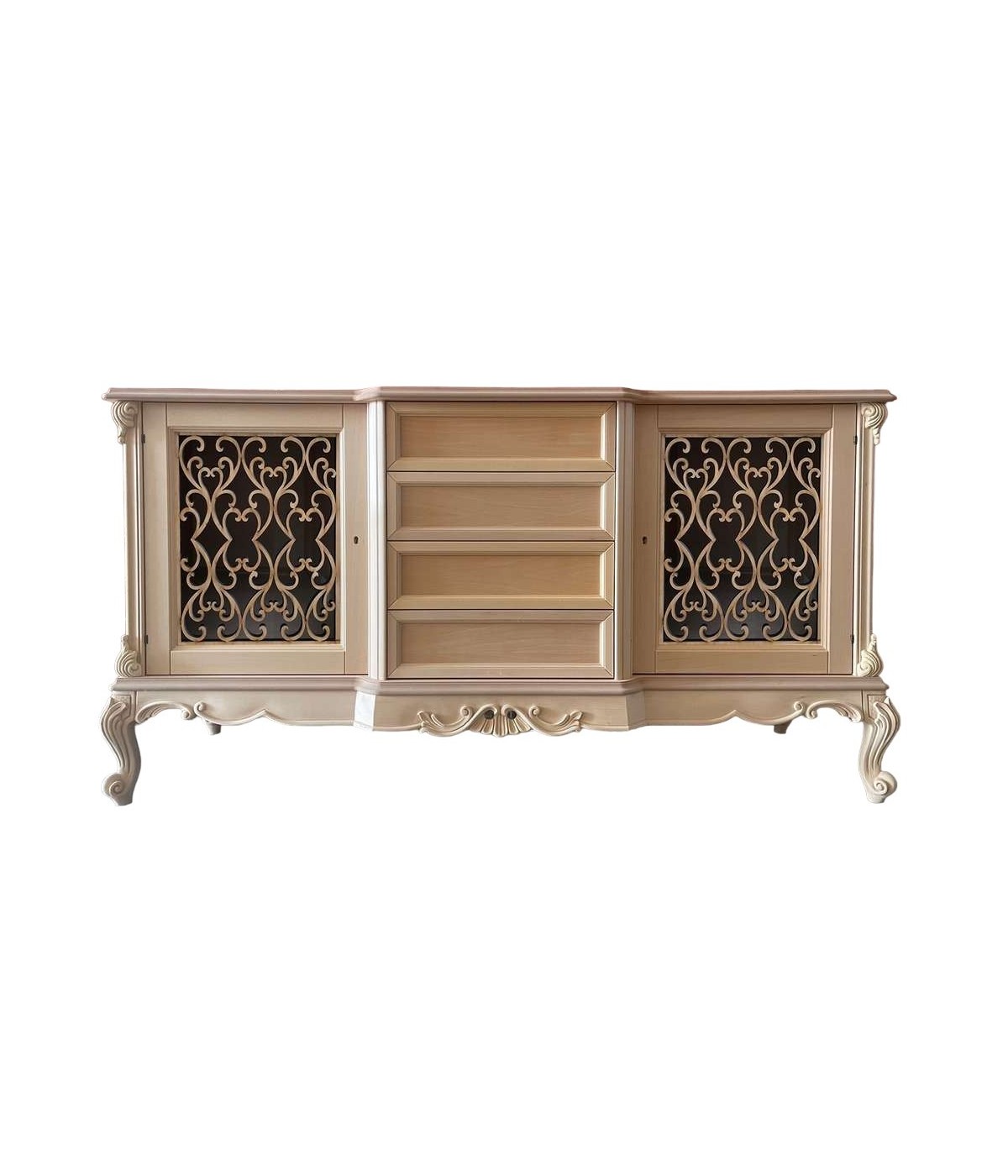 MOBILI 2G - Credenza 2 porte 4 cassetti classica barocco Legno grezzo incisa 174x60x92 vista frontale