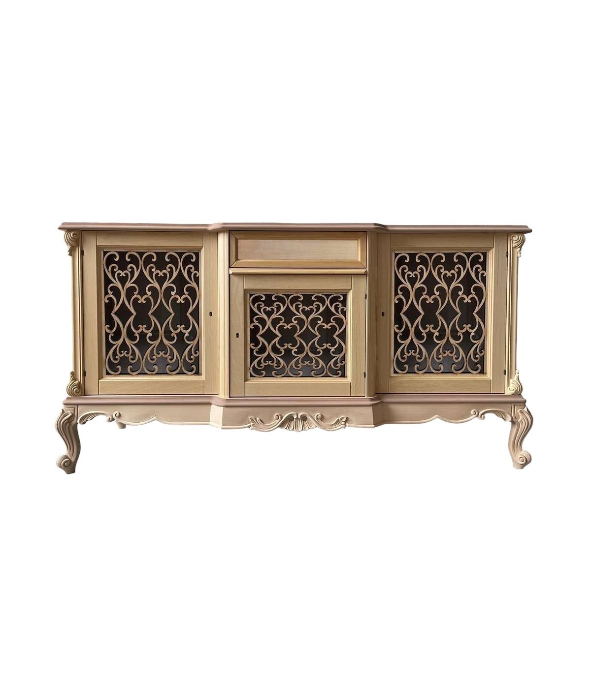 MOBILI 2G - Credenza 3 porte 1 cassetto classica barocco Legno grezzo incisa 174x60x92 vista frontale