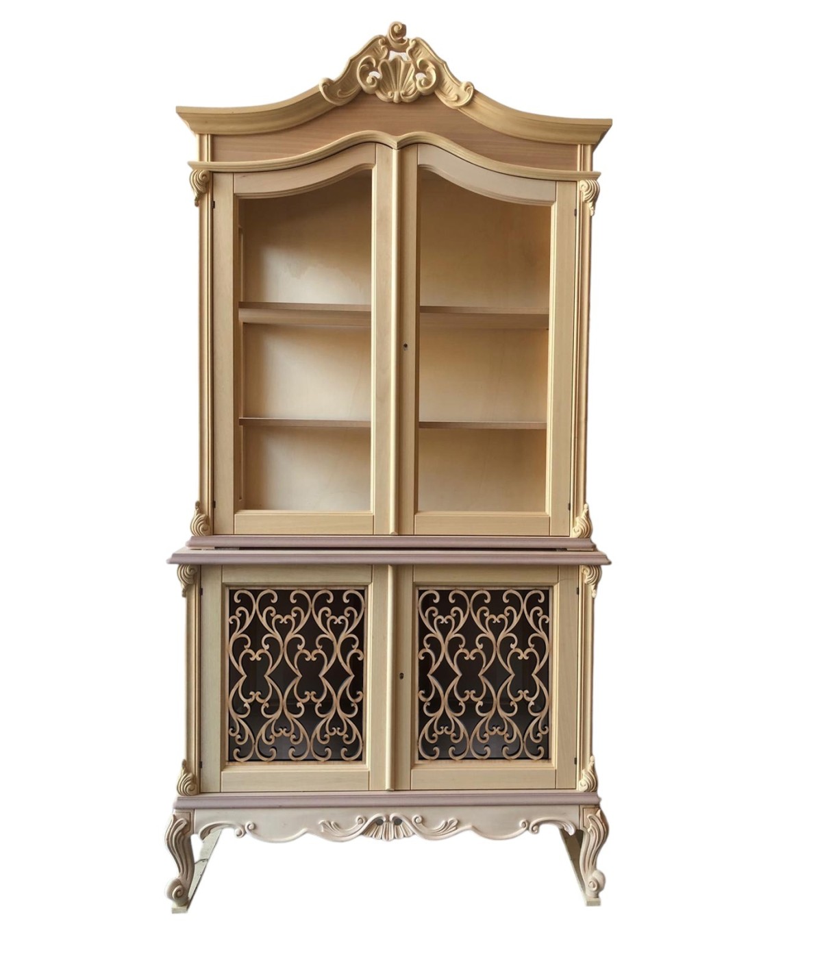 MOBILI 2G - Cristalliera 2 porte classica barocco Legno grezzo incisa 120x56x226 vista frontale