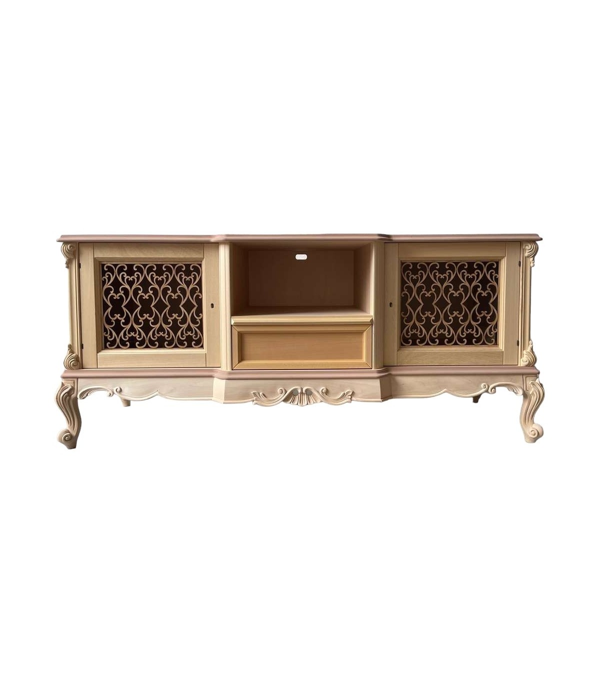 MOBILI 2G - Porta tv 2 ante 1 cassetto classico barocco Legno grezzo incisa 174x60x76 vista frontale