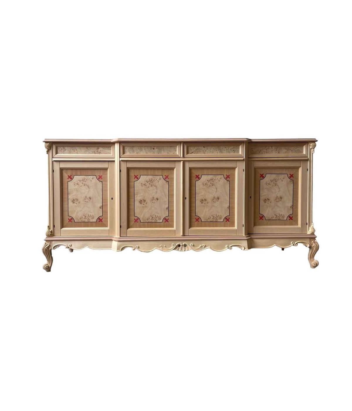 MOBILI 2G - Credenza 4 porte 4 cassetti classica barocco intarsio Legno grezzo 227x60x106 vista frontale