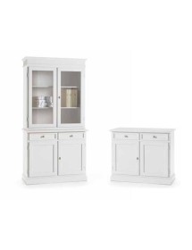 MOBILI 2G - Set 1 cristalliera 1 credenza classica legno shabby chic bianco opaco vista frontale