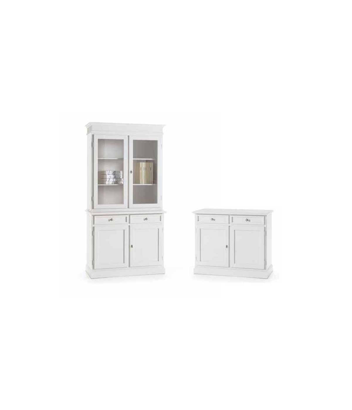 MOBILI 2G - Set 1 cristalliera 1 credenza classica legno shabby chic bianco opaco vista frontale