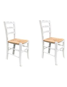 MOBILI 2G - Set 2 sedie legno shabby bianco consumato seduta paglia 43x46x89 VISTA FRONTALE