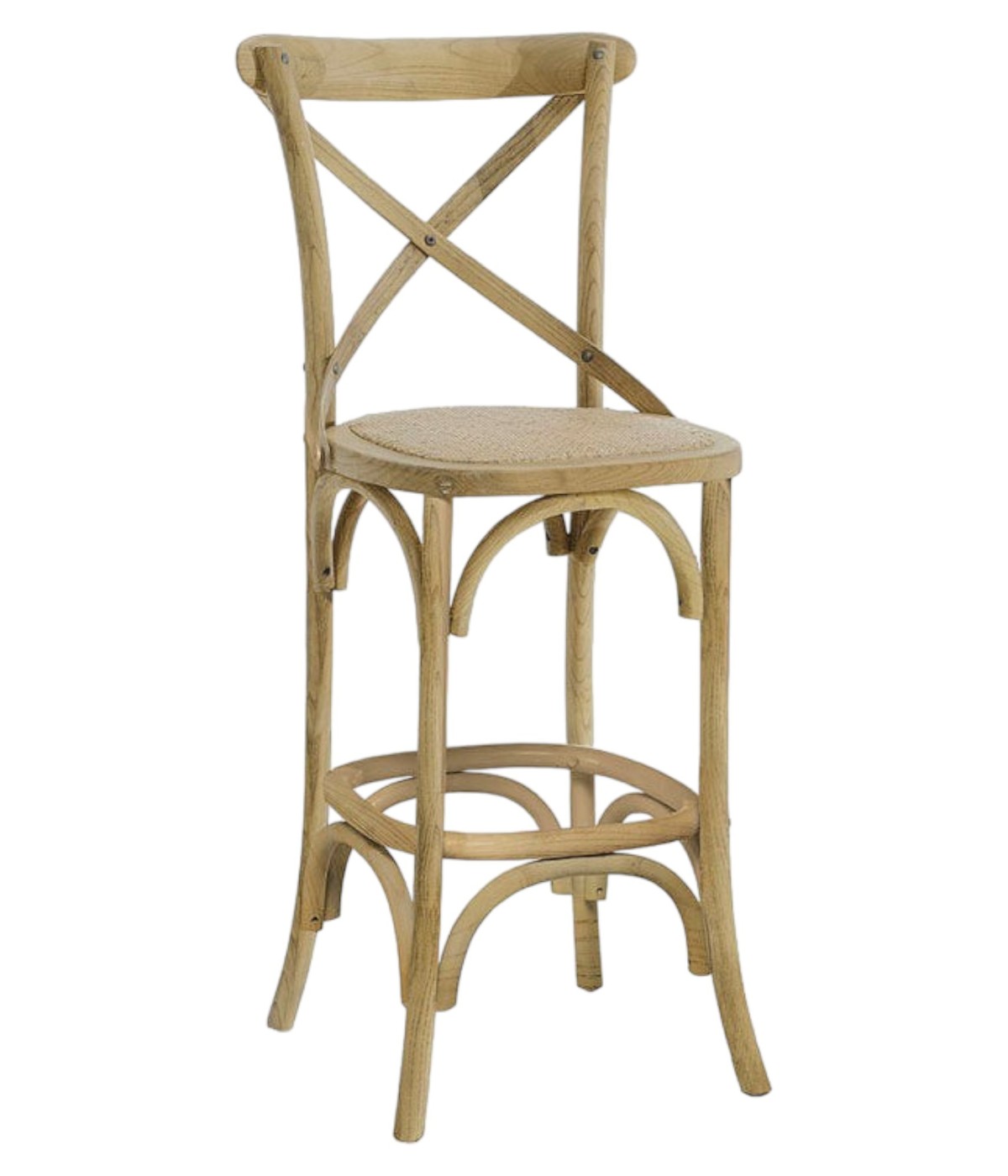 MOBILI 2G - Sgabello Cross Bistrot Shabby Vintage Legno Olmo Seduta Rivestita Rattan Naturale 50x55x116 vista frontale
