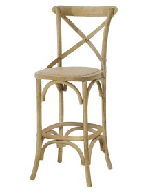 MOBILI 2G - Sgabello Cross Bistrot Shabby Vintage Legno Olmo Seduta Rivestita Rattan Naturale 50x55x116 vista frontale