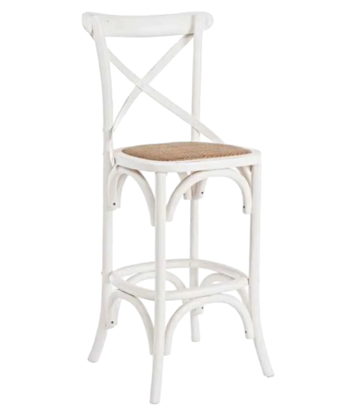MOBILI 2G - Sgabello Cross Bistrot Shabby bianco Legno Olmo Seduta Rivestita Rattan Naturale 50x55x116 VISTA FRONTALE