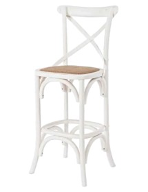 MOBILI 2G - Sgabello Cross Bistrot Shabby bianco Legno Olmo Seduta Rivestita Rattan Naturale 50x55x116 VISTA FRONTALE