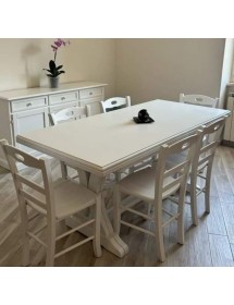 SALA DA PRANZO COMPLETA IN LEGNO SHABBY CHIC BIANCO OPACO CON TAVOLO, SEDIE E CREDENZA