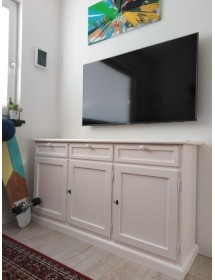 SALA DA PRANZO COMPLETA IN LEGNO SHABBY CHIC BIANCO OPACO CON TAVOLO, SEDIE E CREDENZA
