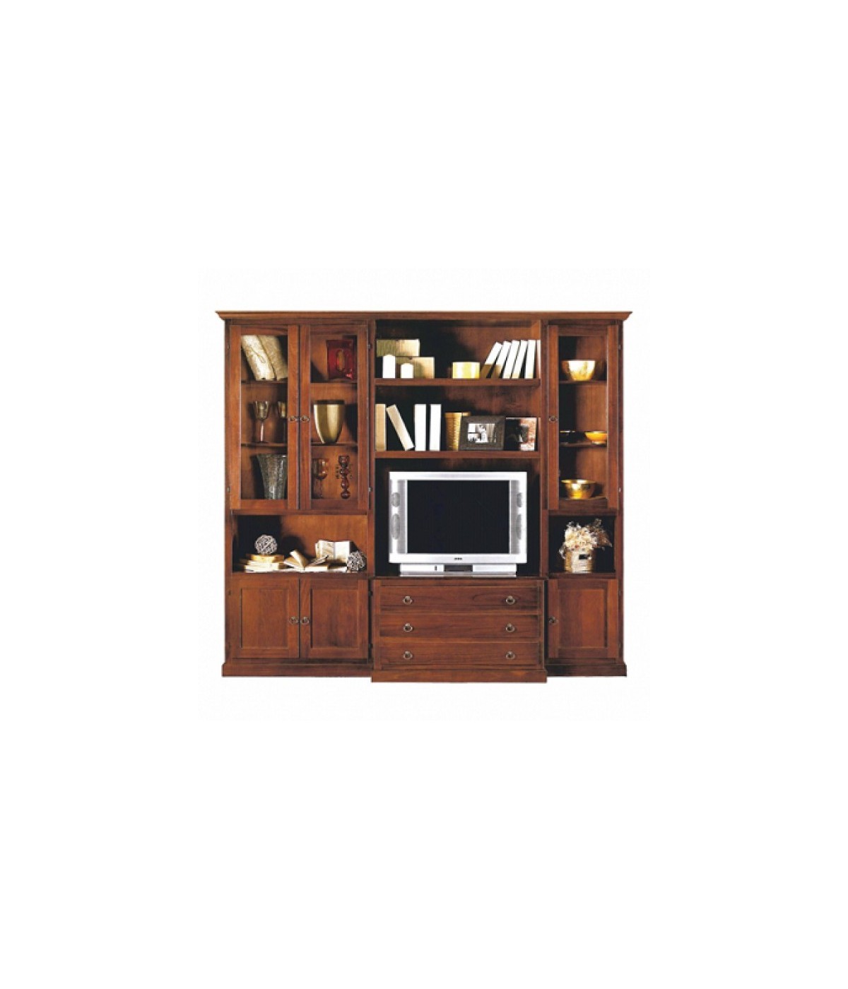 MOBILI 2G - PARETE ATTREZZATA PORTA TV IN LEGNO TINTA NOCE L.230 P.55 H.212 vista frontale