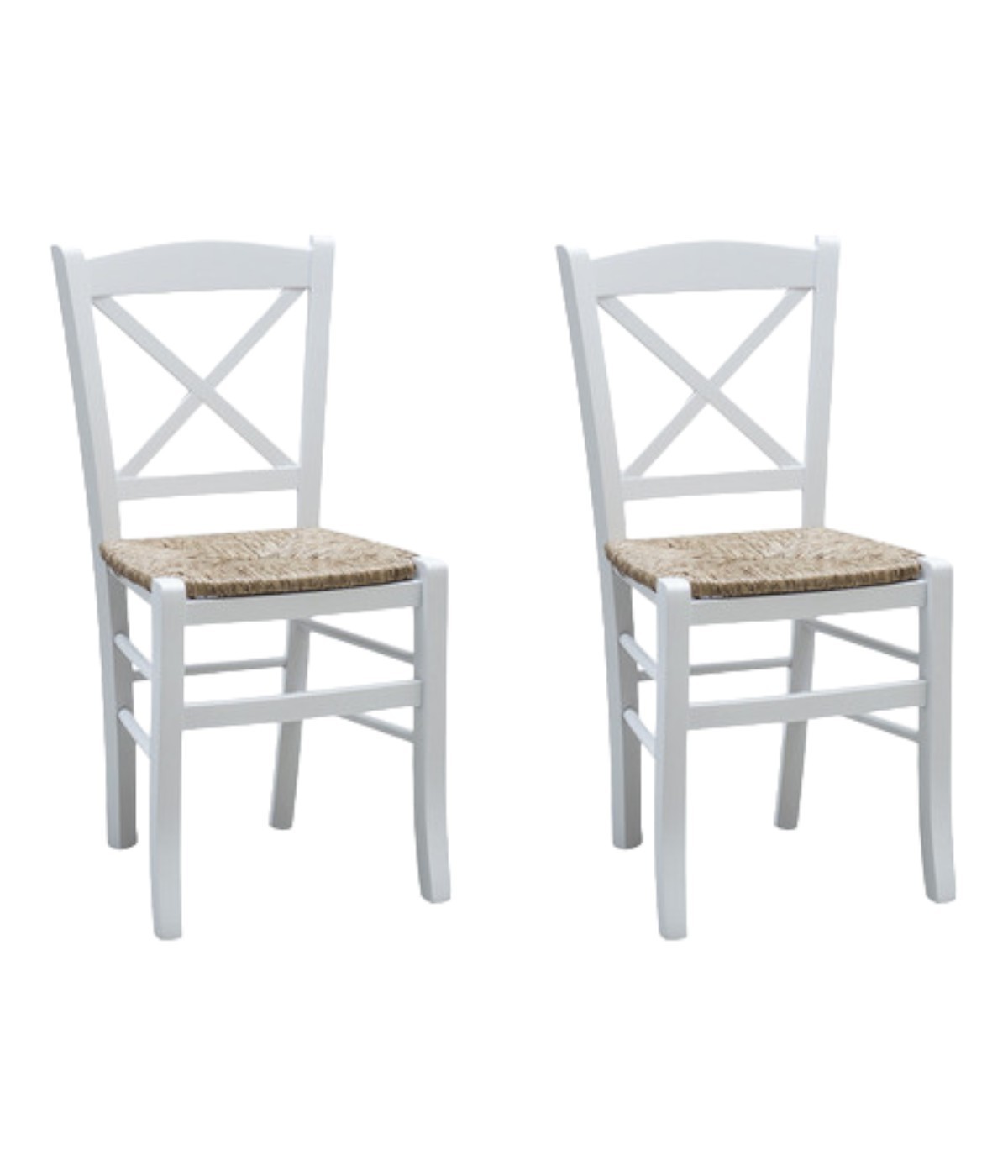 MOBILI 2G - SET 2 SEDIE SHABBY CROCE LEGNO/PAGLIA LACCATO BIANCO vista frontale