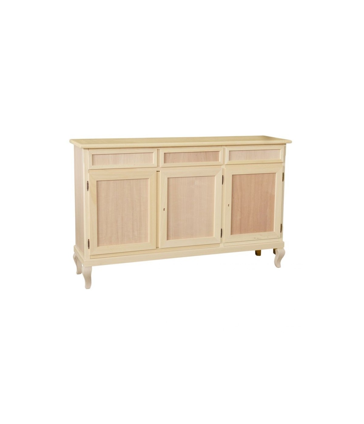 MOBILI 2G - Credenza 3 porte 3 cassetti Legno grezzo 155x45x98 vista frontale