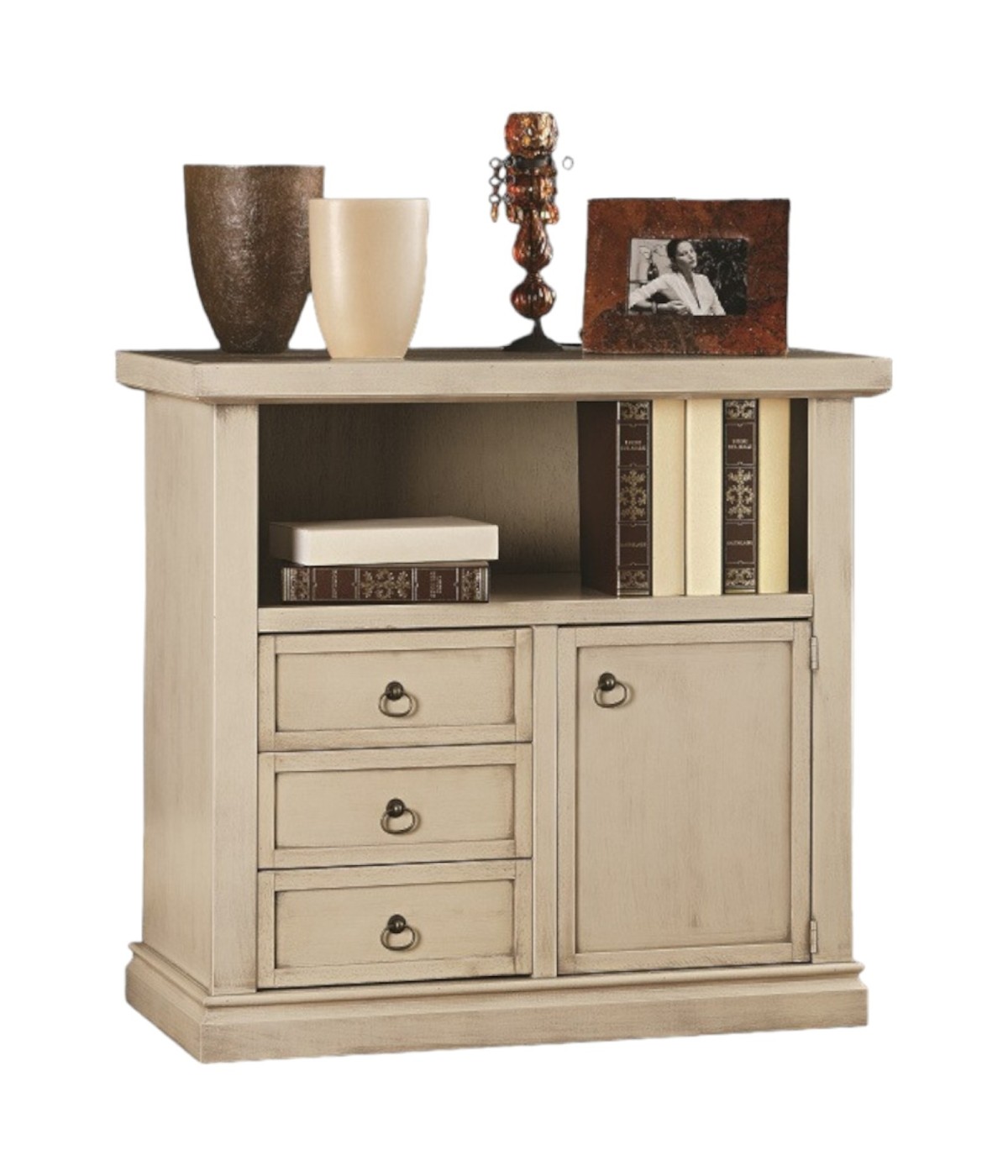 MOBILI 2G - PORTA TV IN LEGNO ARTE POVERA SHABBY AVORIO PATINATO 84xP40x81 vista frontale