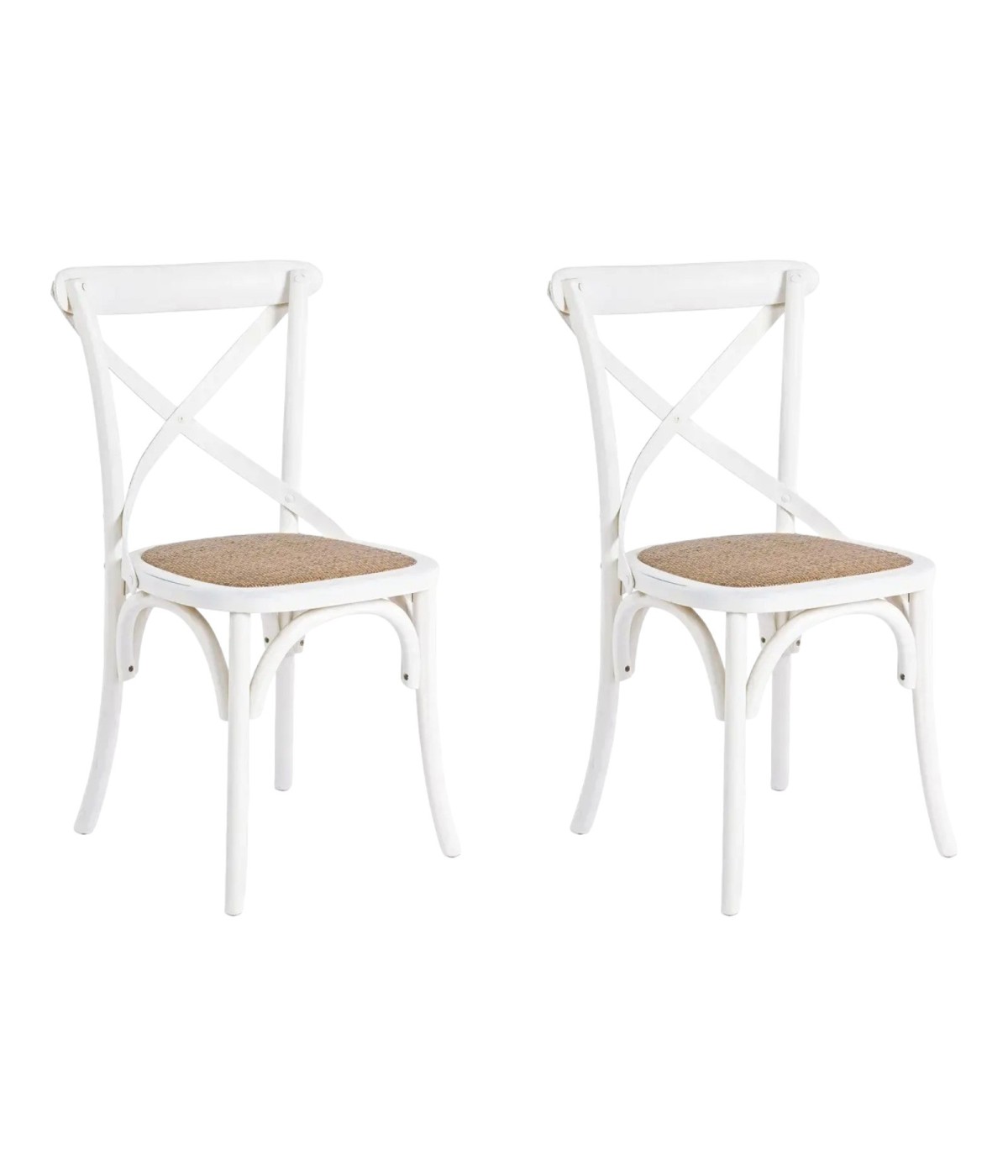 MOBILI 2G - SET 2 Sedie Cross Bistrot Shabby Vintage Bianco Olmo Seduta Rivestita Rattan Naturale Modello VISTA FRONTALE