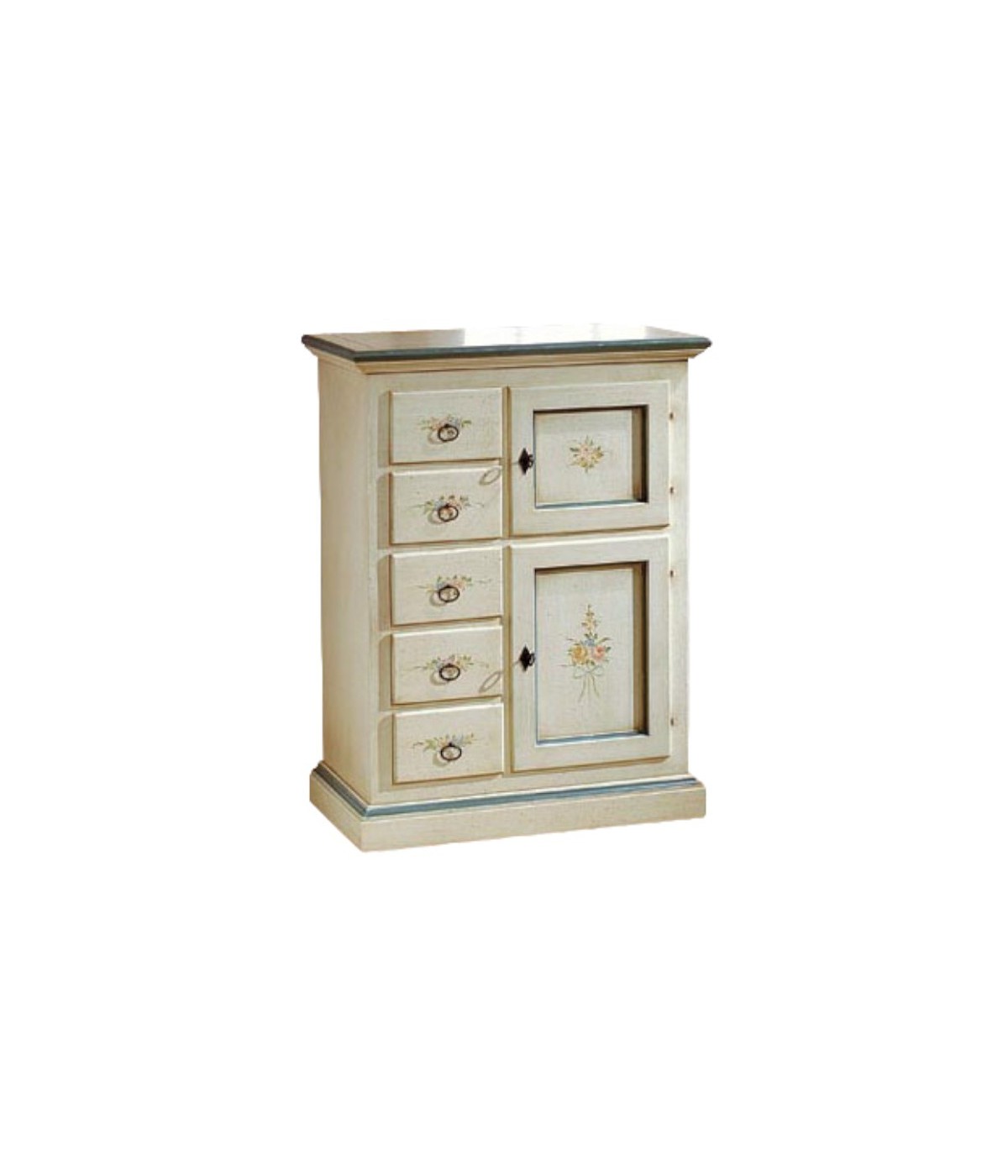 MOBILI 2G - Credenza dispensa 2 porte 5 cassetti shabby bianco patinato decori 75x40x100 vista frontale