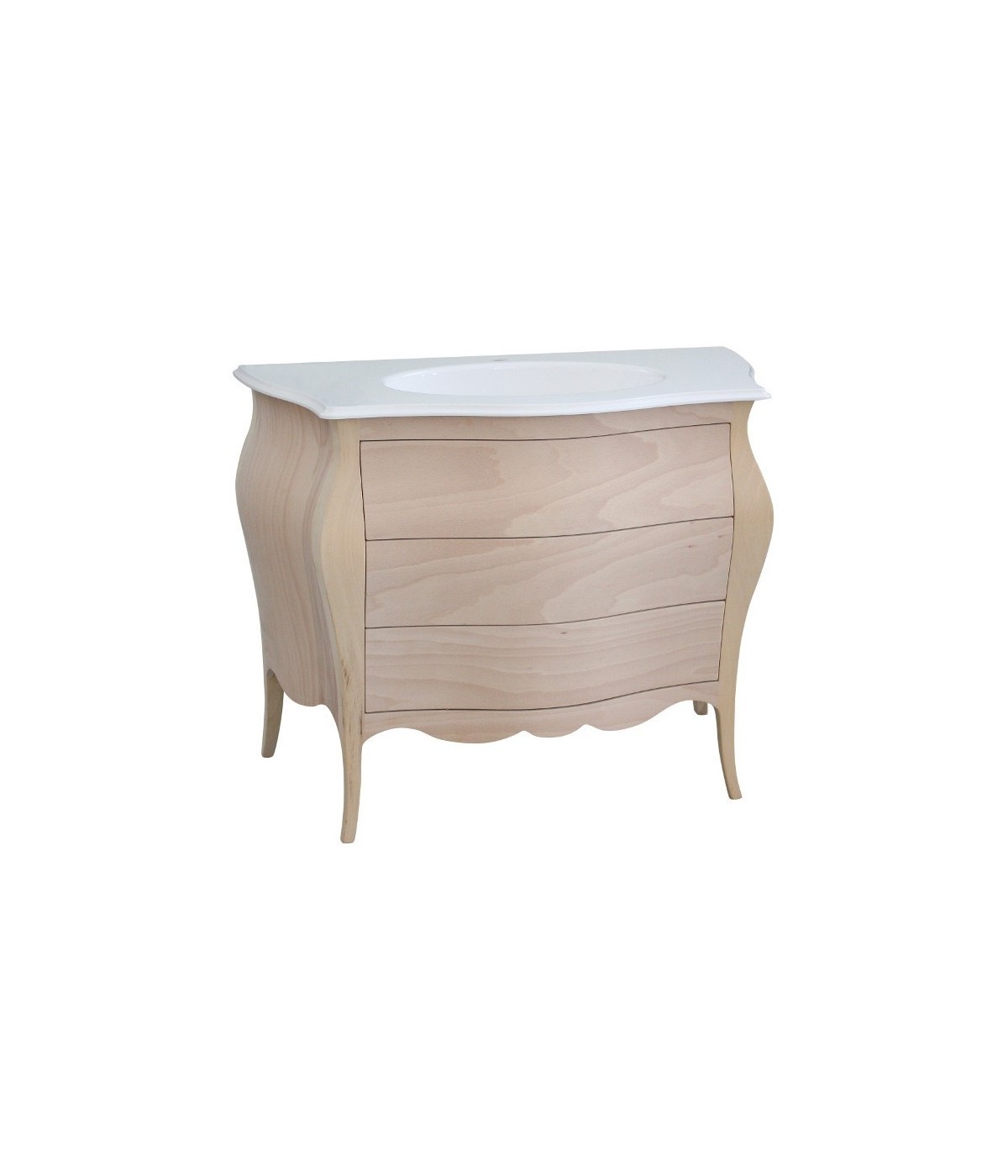 MOBILI 2G - Mobile bagno 3 cassetti bombato con lavello legno grezzo 108x55x82 vista frontale