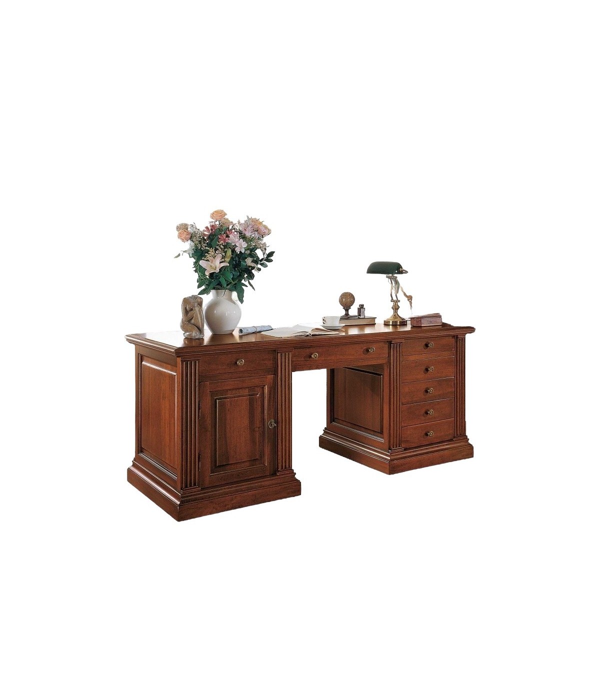 MOBILI 2G - Scrivania 7 cassetti 1 porta legno tinta noce 185X80x80 vista frontale