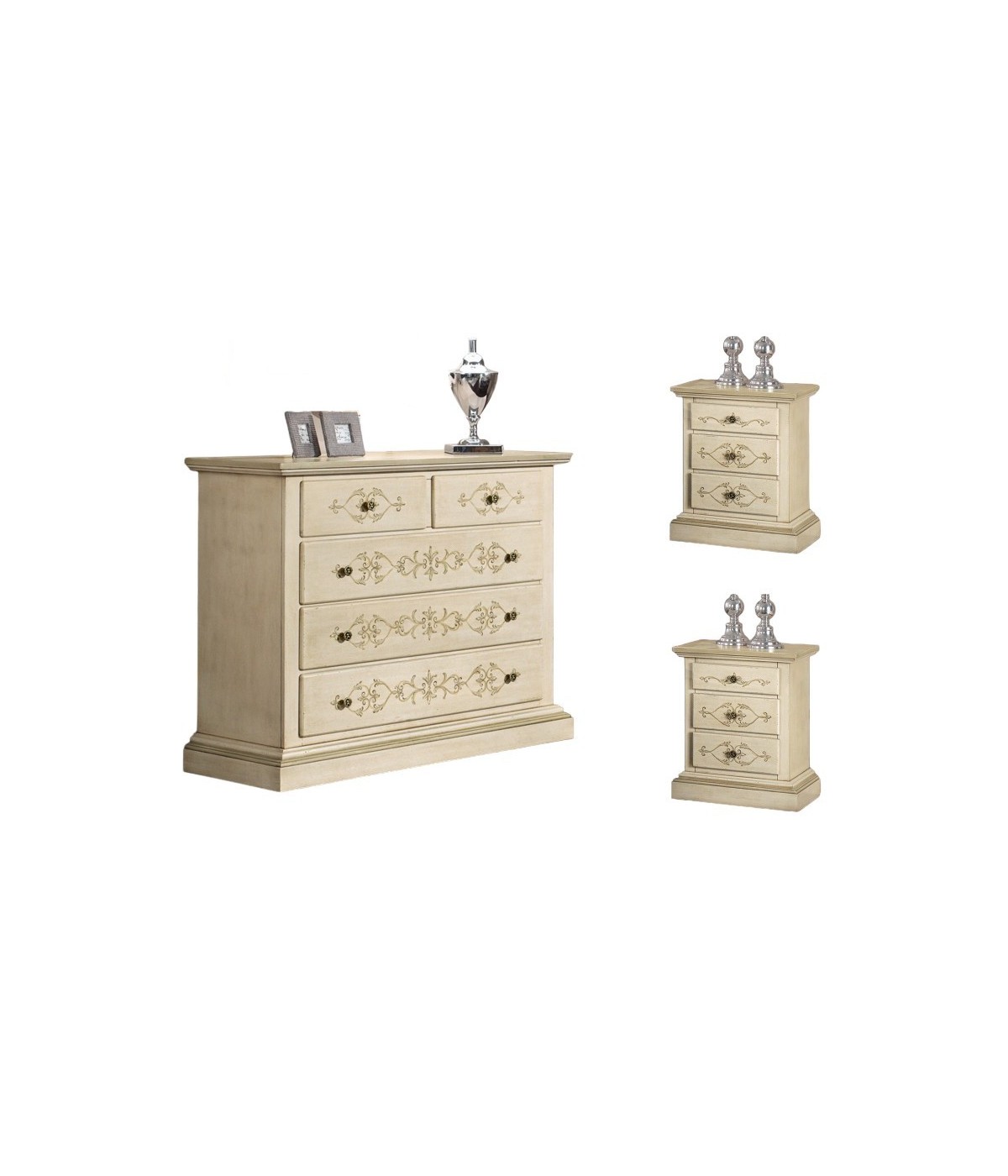 MOBILI 2G - Gruppo 1 Cassettiera 2 Comodini legno classico avorio shabby VISTA FRONTALE